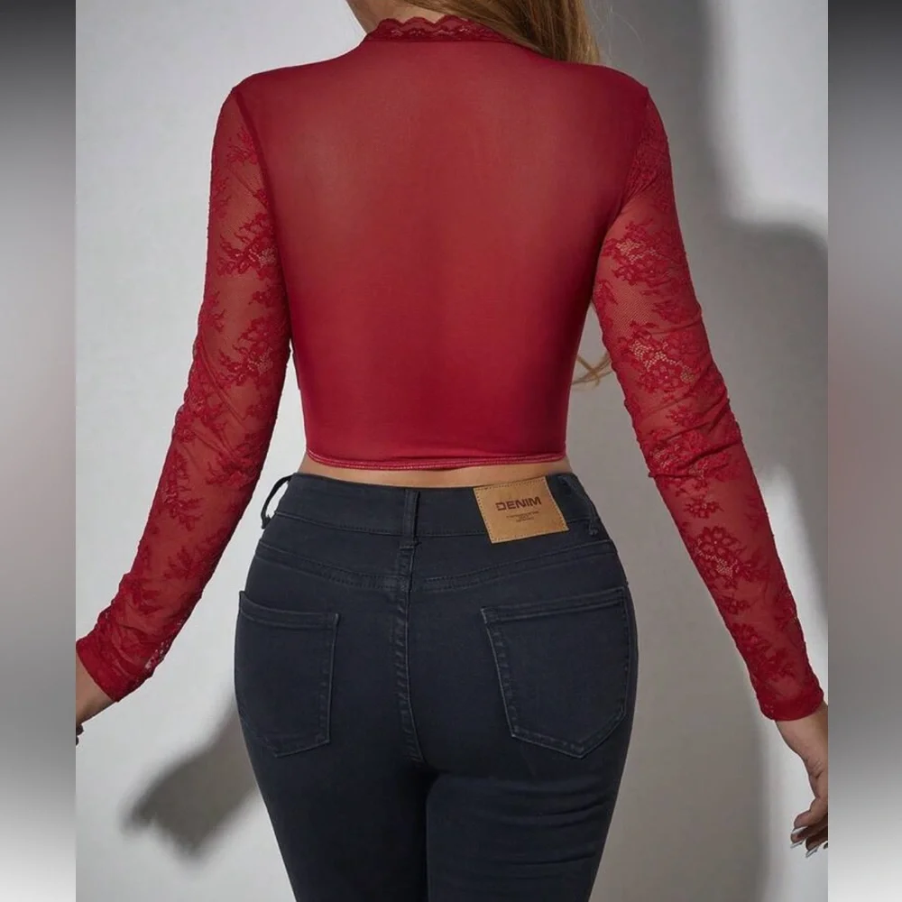 Elegant Red Lace Long Sleeve Top